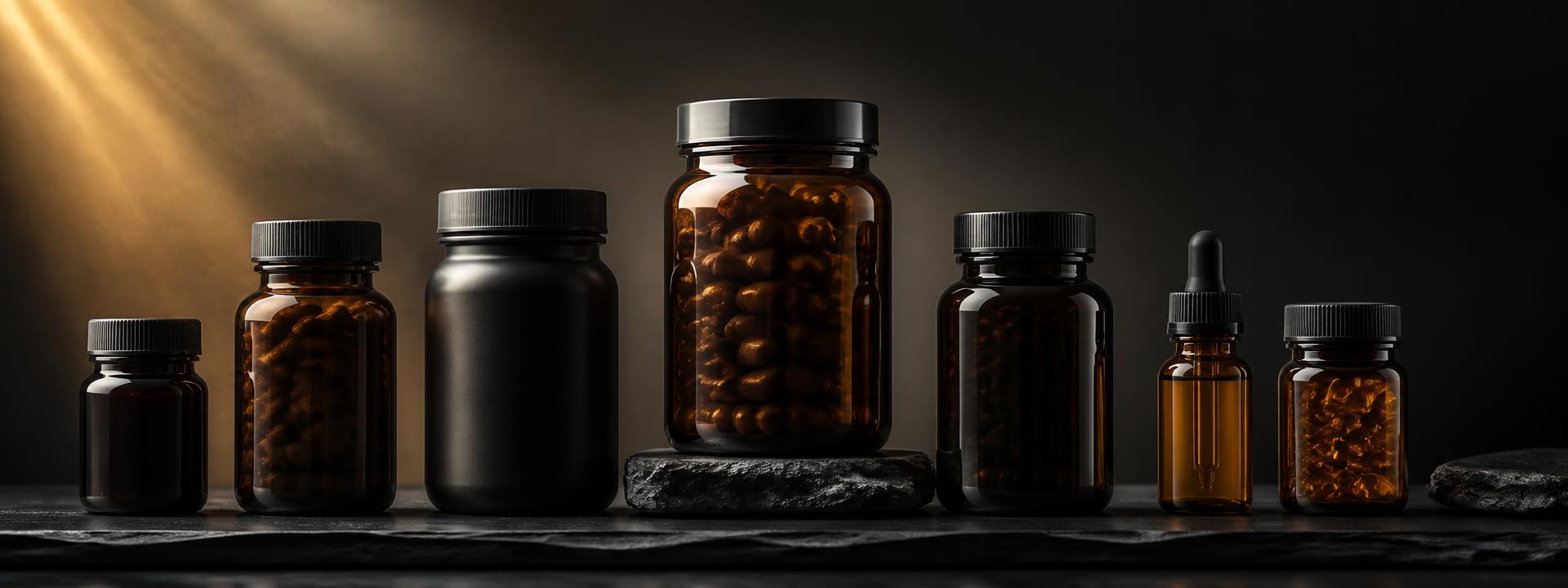Lineup of premium supplement bottles under warm spotlight
