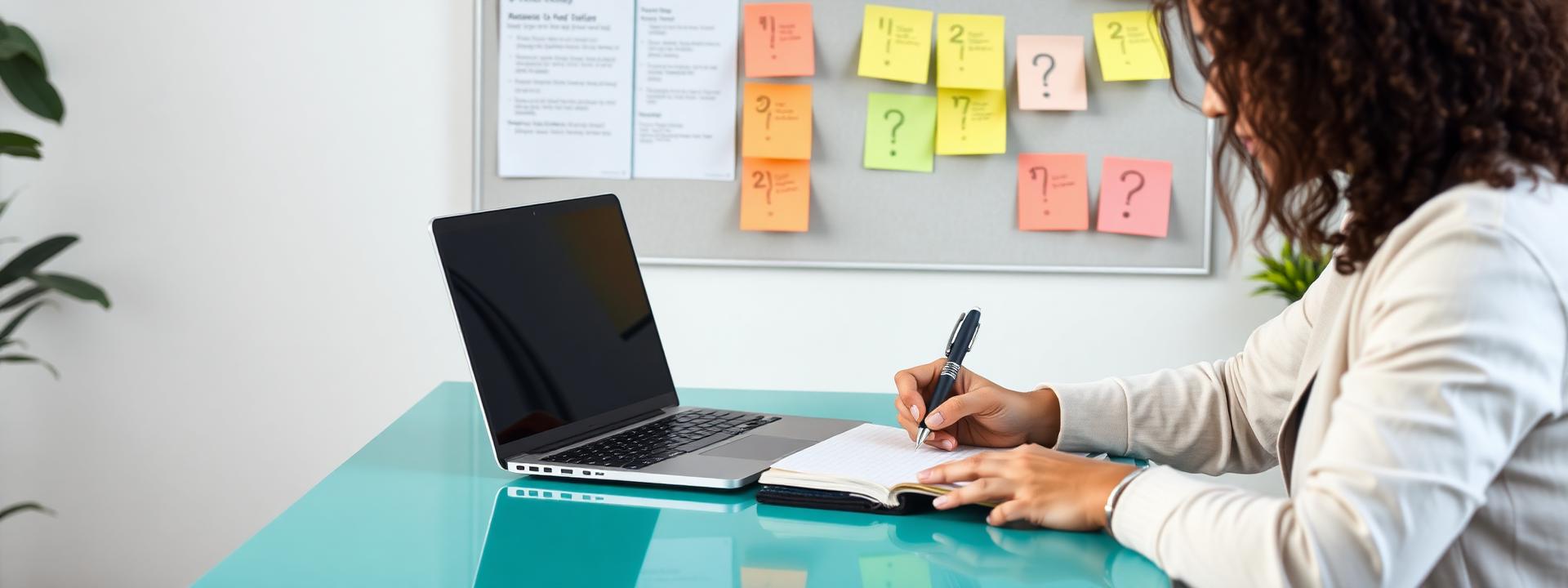 Researcher noting product questions beside a laptop