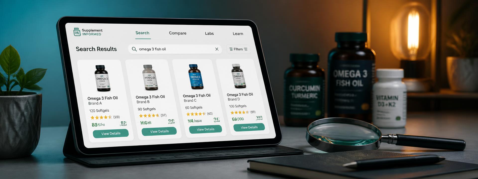 Tablet showing product search results next to supplement bottles