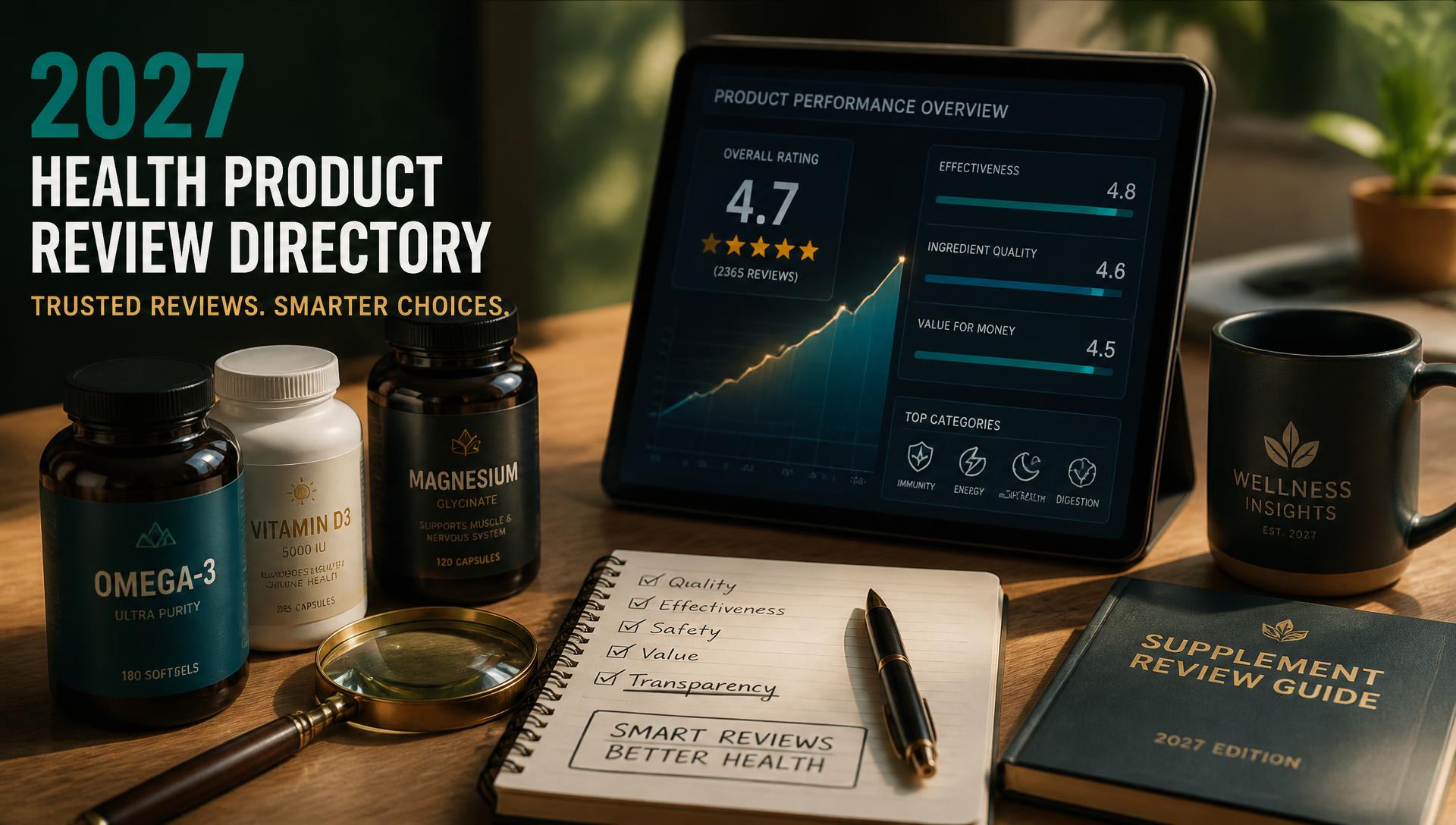 Supplement bottles, a notebook and a tablet showing performance charts on a warm studio desk